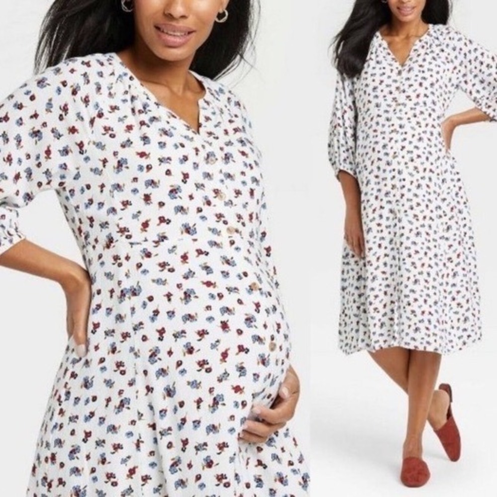 The Nines by Hatch Maternity Floral Midi Dress White Boho Cottagecore XS jj